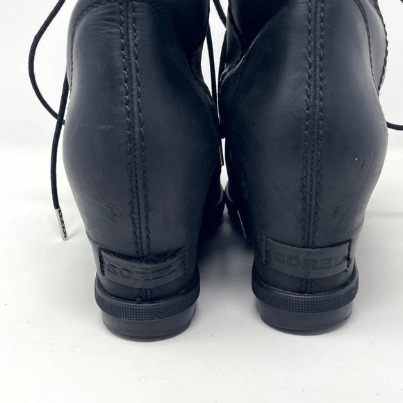 Sorel Womens Black Leather Wedge Heel Lace Up Boots - Picture 7 of 10